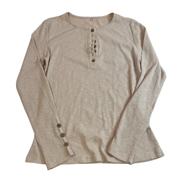 vintage beige light brown ribbed button up long sleeve henley fall basic y2k - Picture 1 of 8